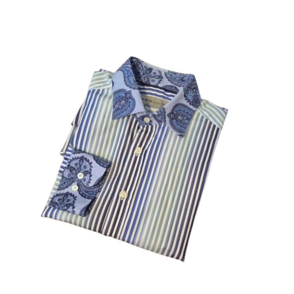 Etro Blue Striped and Paisley Print Cotton Shirt Size 39 (15.5)